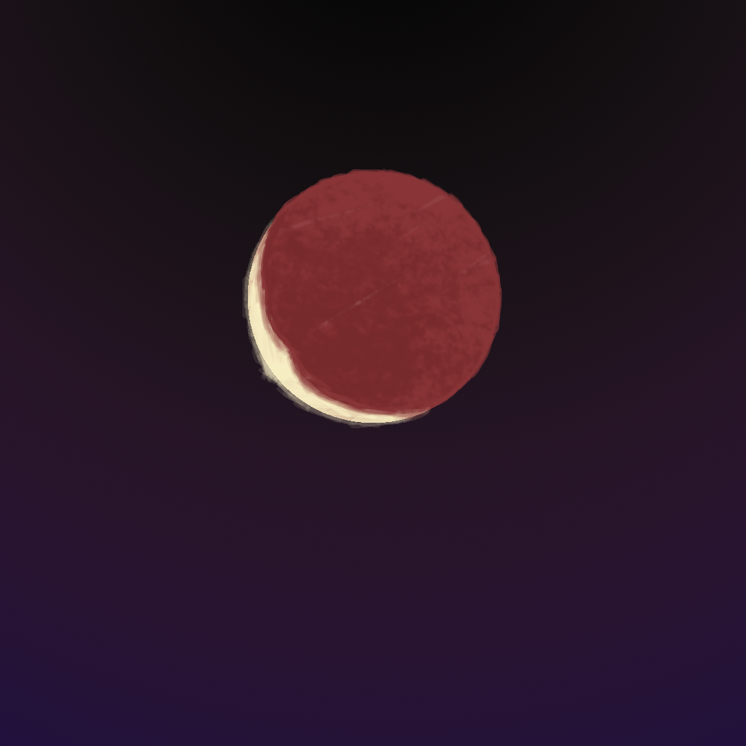 a depiction of the moon on the verge of a full lunar eclipse. the moon is mostly a deep red, with a crescent sliver of white along the bottom left. the moon sits in a simple dark purple night sky.